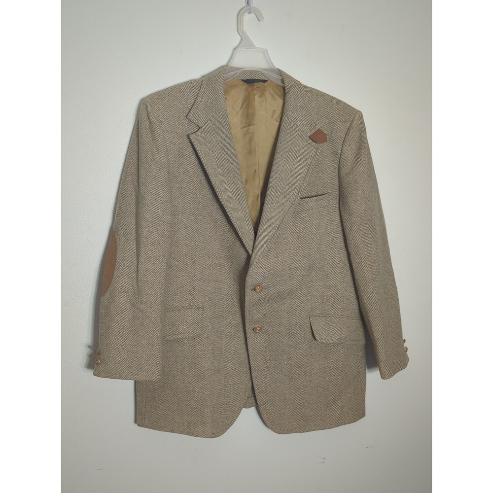 Vintage 70s Johnny Carson Mens Sport Coat Herringbone Blazer Elbow Patches 46R